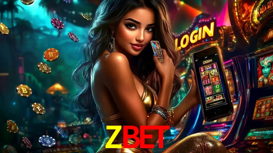 Mulher em um cenário de cassino temático de aventura, mostrando o app de caça-níqueis da ZBET no celular. Fichas de apostas flutuam ao redor.