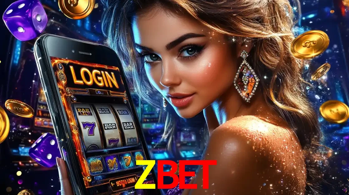 Mulher glamorosa segurando um smartphone com a tela de login para os jogos de caça-níqueis do cassino online ZBET, com moedas de ouro e dados ao redor.