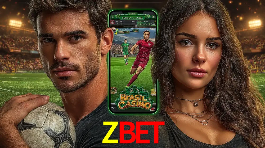 Homem segurando uma bola de futebol e uma mulher ao lado de um smartphone exibindo o jogo de apostas esportivas da ZBET. Faça seu palpite no cassino online.